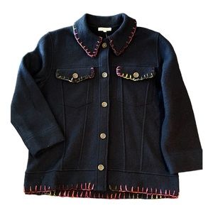 Madewell jacket with handmade details of colorful yarn